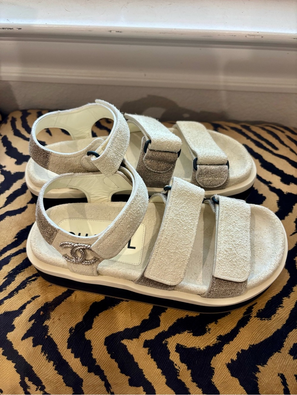 Chanel Beige Suede Velcro Strap Sandals